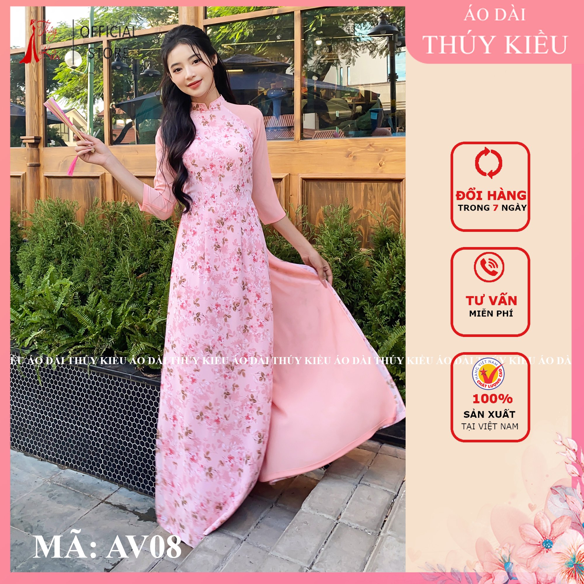 AV08 Áo dài Thuý Kiều hàng may sẵn nền hồng hoa nhí phối tay xinh áo 4 tà voan tơ cao cấp áo dài truyền thống giá rẻ đẹp