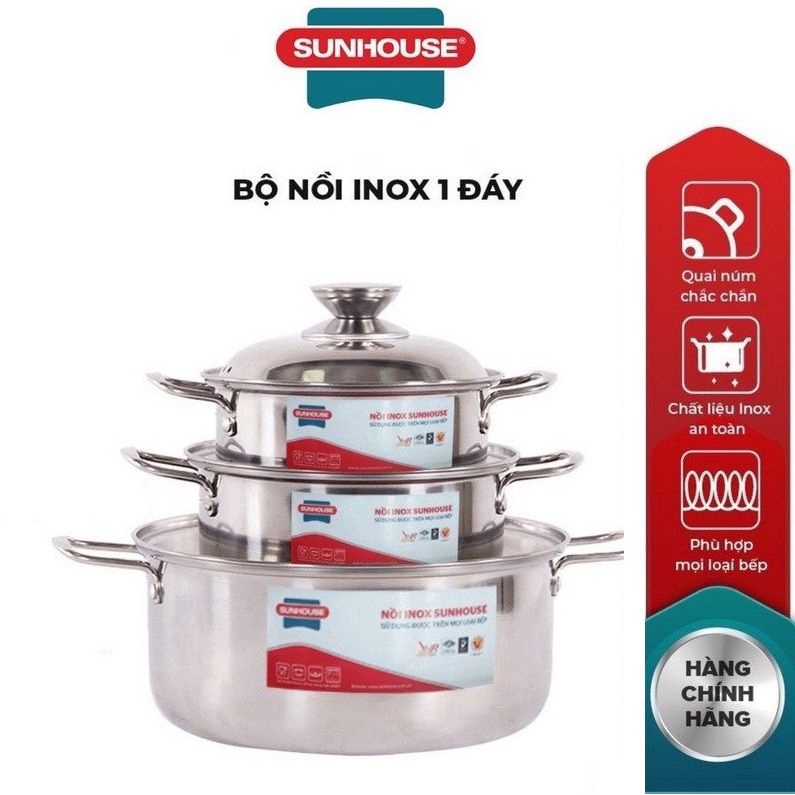 Bộ 3 nồi inox 1 đáy chính hãng Sunhouse SH224, kích thước 16,18,24cm dùng cho mọi loại bếp