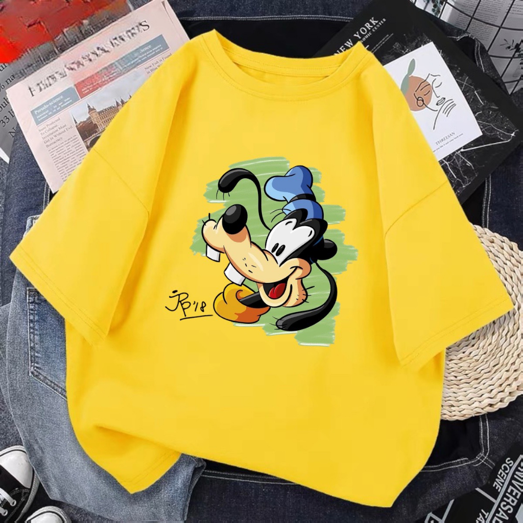 SWELEE at0124 Áo thun nam nữ cotton form rộng tay lỡ unisex hình in goofy nền xanh