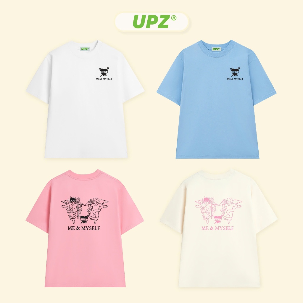 UPZ Áo Thun Cotton Tay Ngắn Cổ Tròn Unisex In ME & MYSELF (Trắng/ Kem/ Xanh Biển/ Hồng)