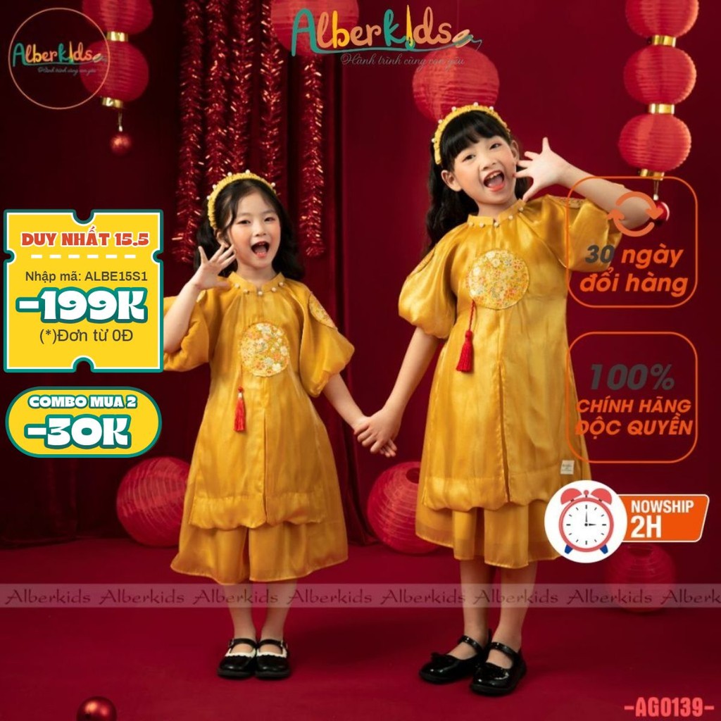 Áo dài bé gái TẾT TRUNG THU ALBERKIDS VÀNG nhật nguyệt 2 lớp cho trẻ em 2,3,4,5,6,7,8,9,10,11,12 tuổi [AG0139]