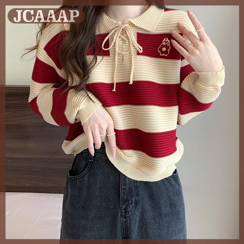 JCAAAP Áo len dệt kim dài tay kẻ sọc thêu thời trang nữ