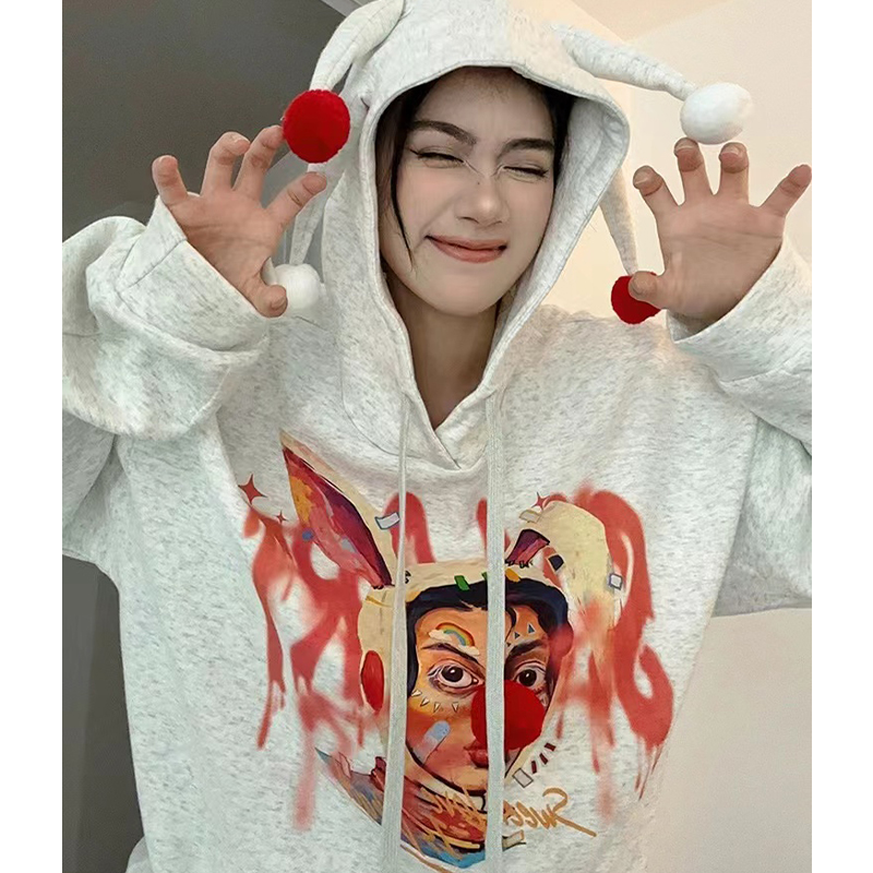 Xiang Nian ni mùa thu và mùa đông thiết kế mới thú vị áo in chú hề trùm đầu màu hồng đa năng áo rộng đôi xu hướng
