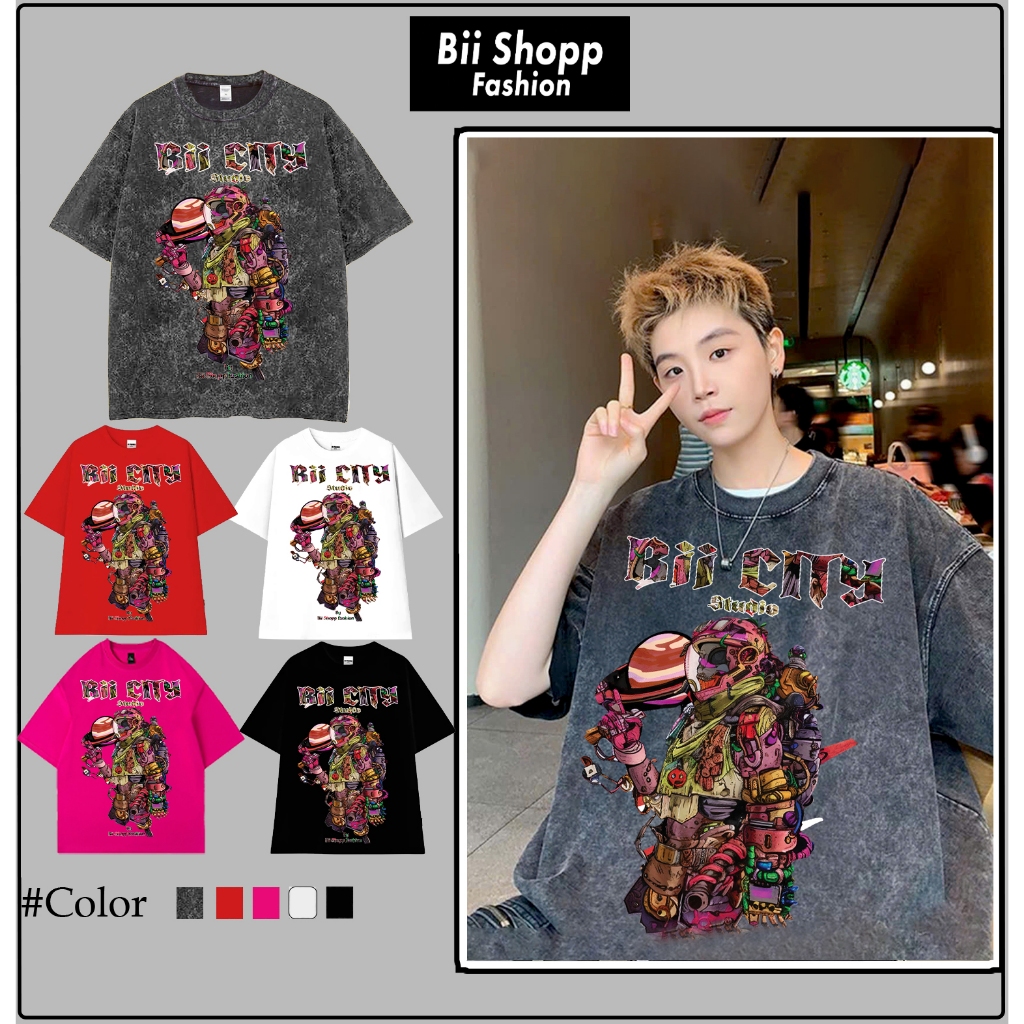 LOCAL BRAND Áo thun Wash ROBOT Phong Cách Unisex Form Rộng / Áo thun ROBOT Phông Màu Phong Cách Âu Mỹ