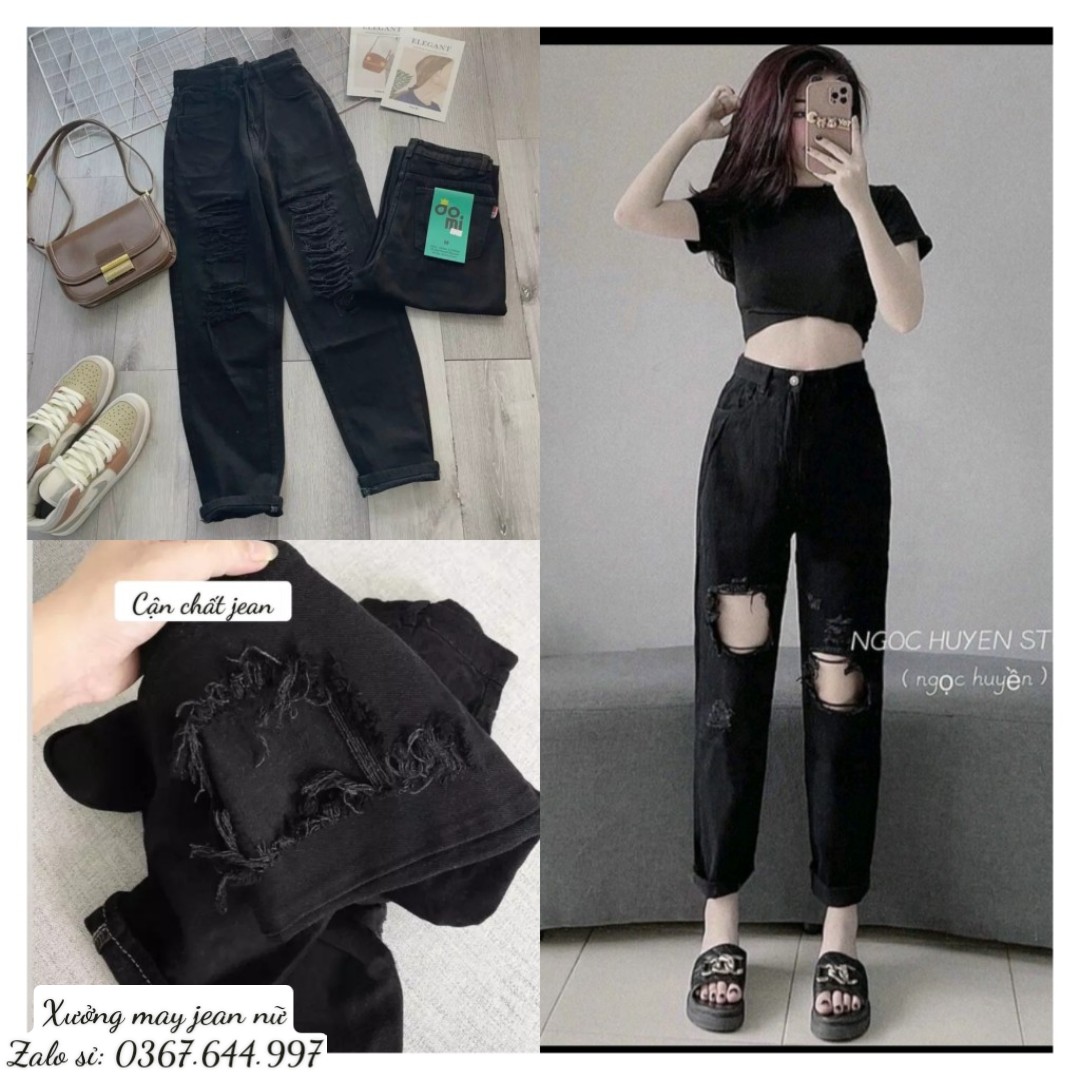 Quần bò nữ, Quần Baggy jean nữ lưng cao rách kiểu phong cách, Cạp quần cao vừa phải chất bò mịn đẹp, chất jean không co dãn - Xưởng May TL_HCM